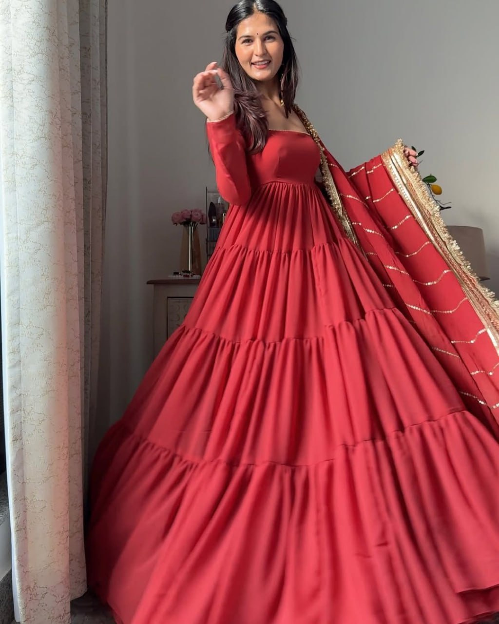 Red Faux Georgette Ruffle Anarkali Set with Sequin Thread Work Dupatta