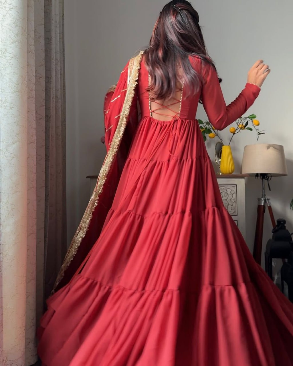 Red Faux Georgette Ruffle Anarkali Set with Sequin Thread Work Dupatta