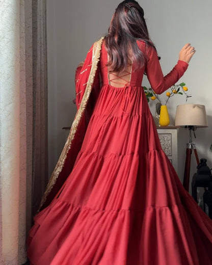 Red Faux Georgette Ruffle Anarkali Set with Sequin Thread Work Dupatta