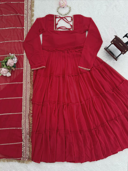 Red Faux Georgette Ruffle Anarkali Set with Sequin Thread Work Dupatta