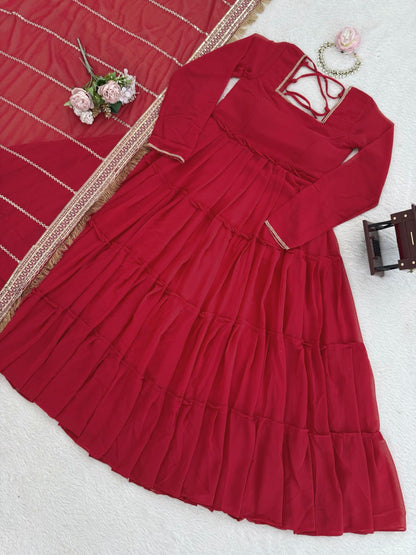 Red Faux Georgette Ruffle Anarkali Set with Sequin Thread Work Dupatta