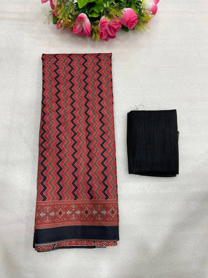 Red Floral Mulmul Cotton Digital Print Saree with Banglori Blouse