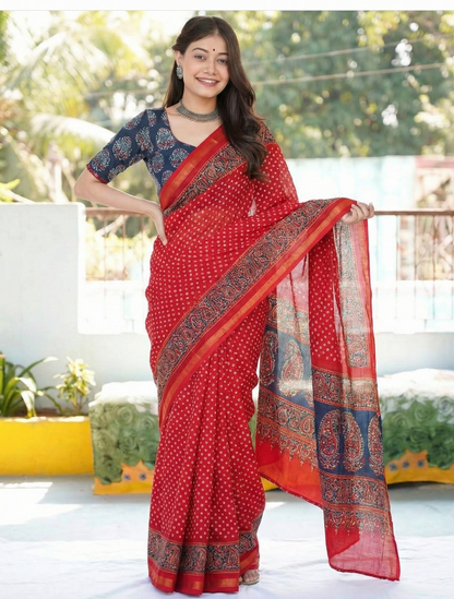 Red Floral Mulmul Cotton Digital Print Saree with Dark Blue Mulmul Blouse