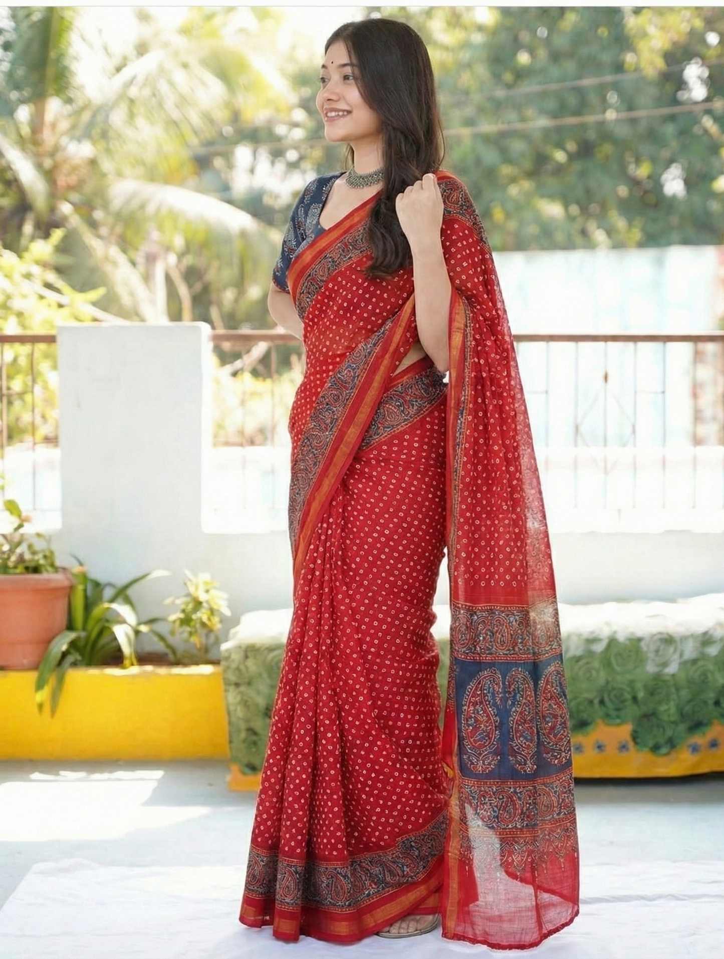 Red Floral Mulmul Cotton Digital Print Saree with Dark Blue Mulmul Blouse