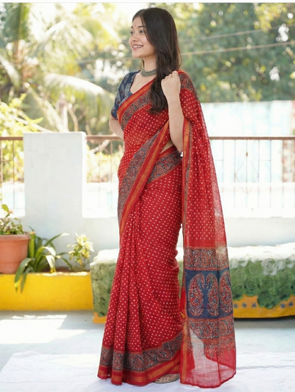 Red Floral Mulmul Cotton Digital Print Saree with Dark Blue Mulmul Blouse