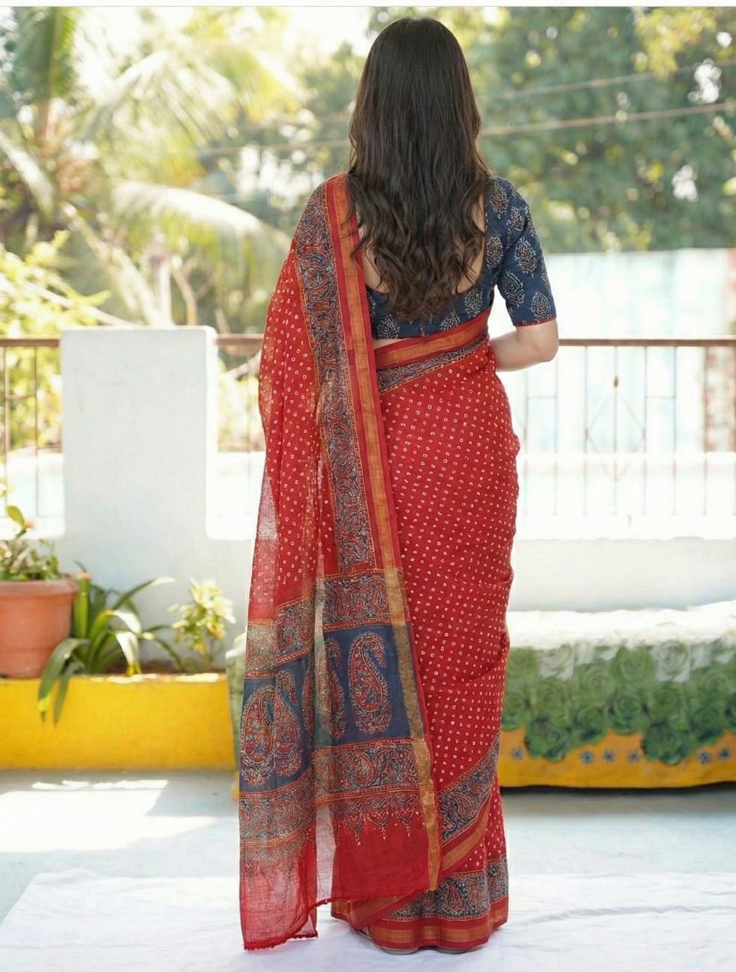 Red Floral Mulmul Cotton Digital Print Saree with Dark Blue Mulmul Blouse