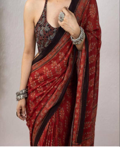 Red Floral Soft Mulmul Cotton Digital Print Saree with Banglori Blouse