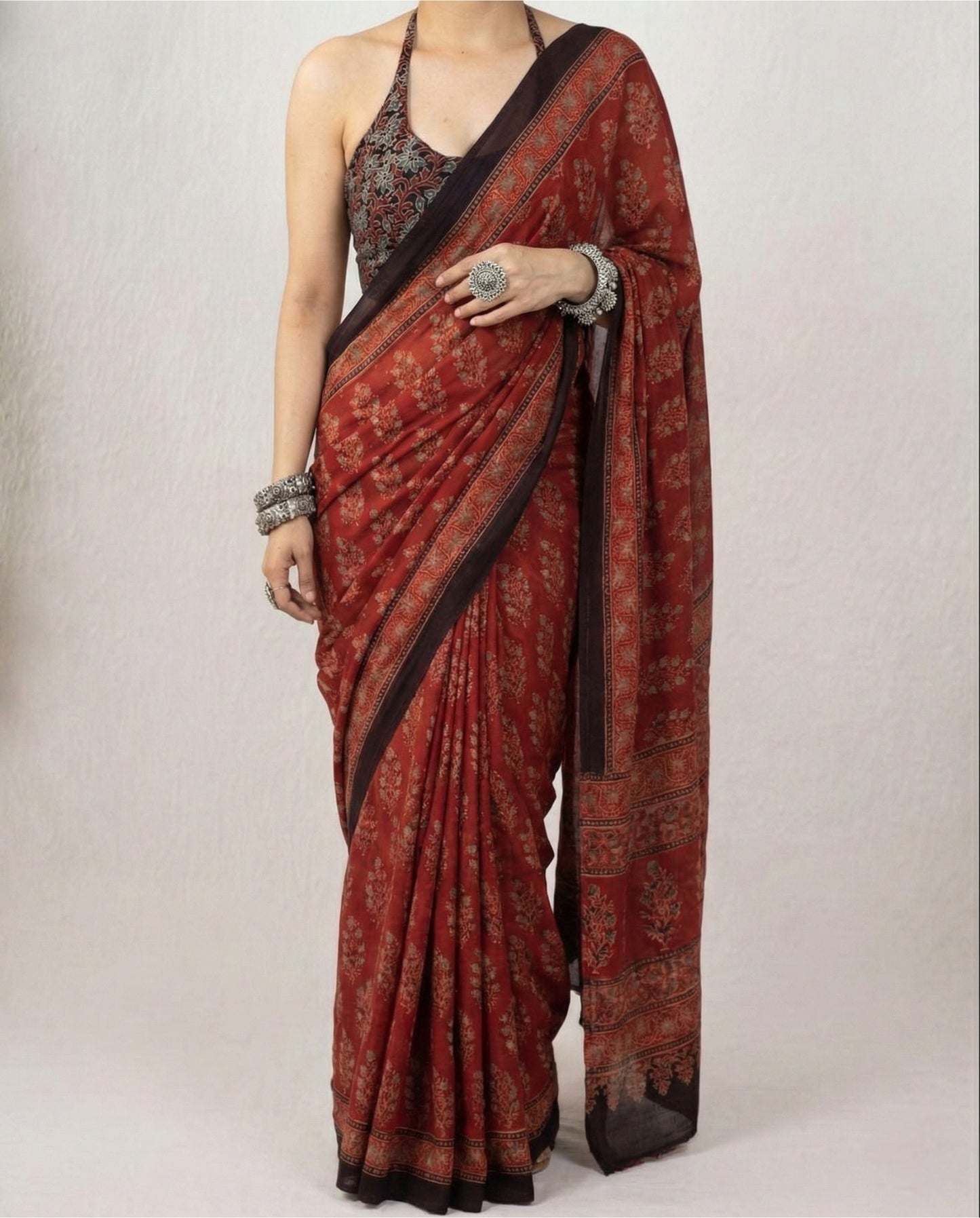Red Floral Soft Mulmul Cotton Digital Print Saree with Banglori Blouse