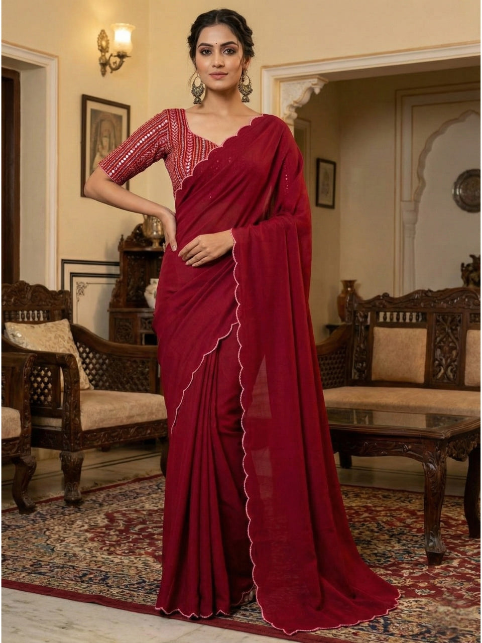 Red Georgette Aari Embroidery Border Saree with Work Blouse