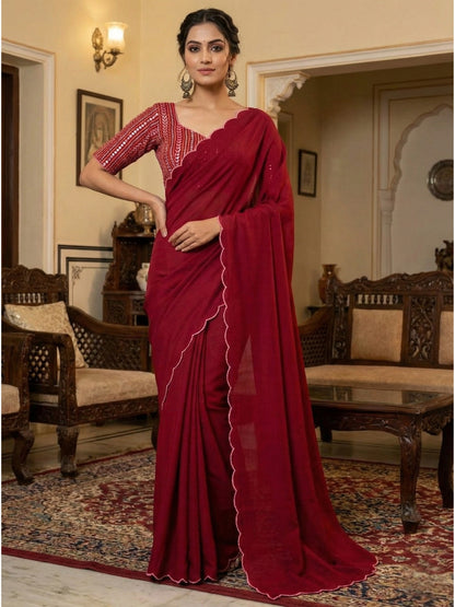 Red Georgette Aari Embroidery Border Saree with Work Blouse