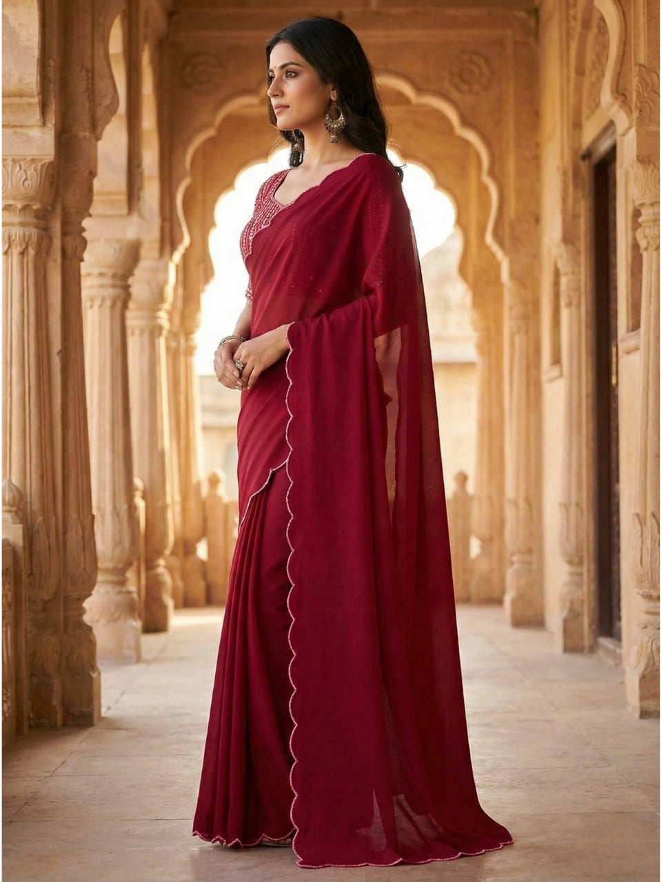 Red Georgette Aari Embroidery Border Saree with Work Blouse
