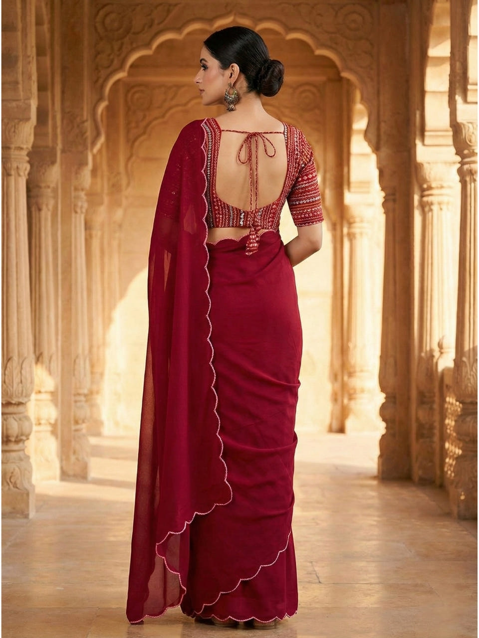 Red Georgette Aari Embroidery Border Saree with Work Blouse