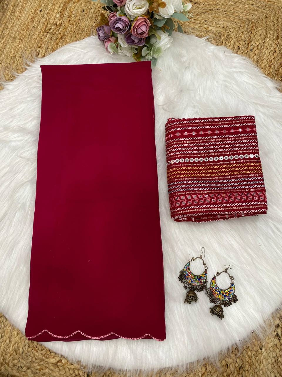 Red Georgette Aari Embroidery Border Saree with Work Blouse