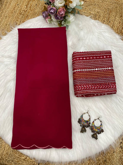 Red Georgette Aari Embroidery Border Saree with Work Blouse