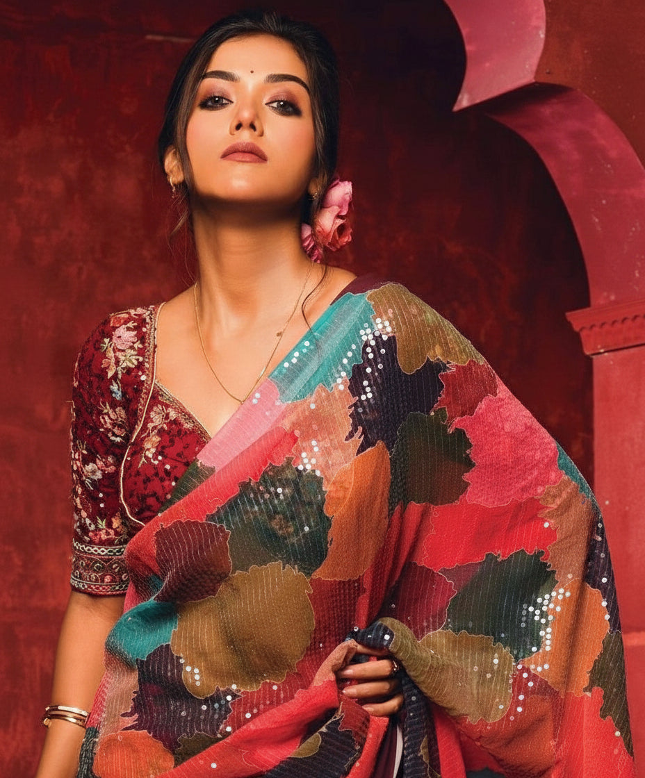 Red Georgette Digital Print Saree with Full Sequins Work Blouse
