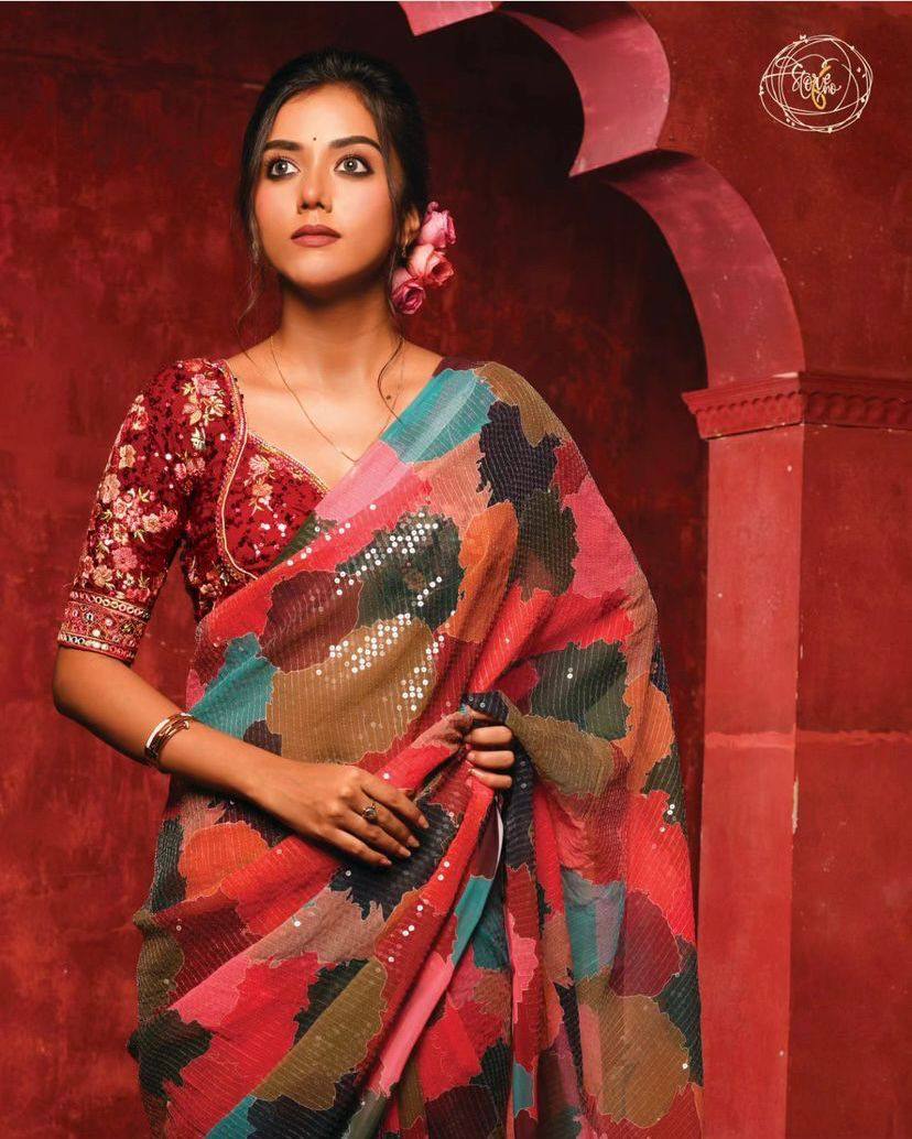 Red Georgette Digital Print Saree with Full Sequins Work Blouse