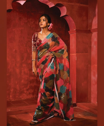 Red Georgette Digital Print Saree with Full Sequins Work Blouse