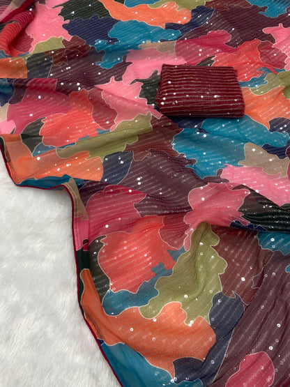 Red Georgette Digital Print Saree with Full Sequins Work Blouse