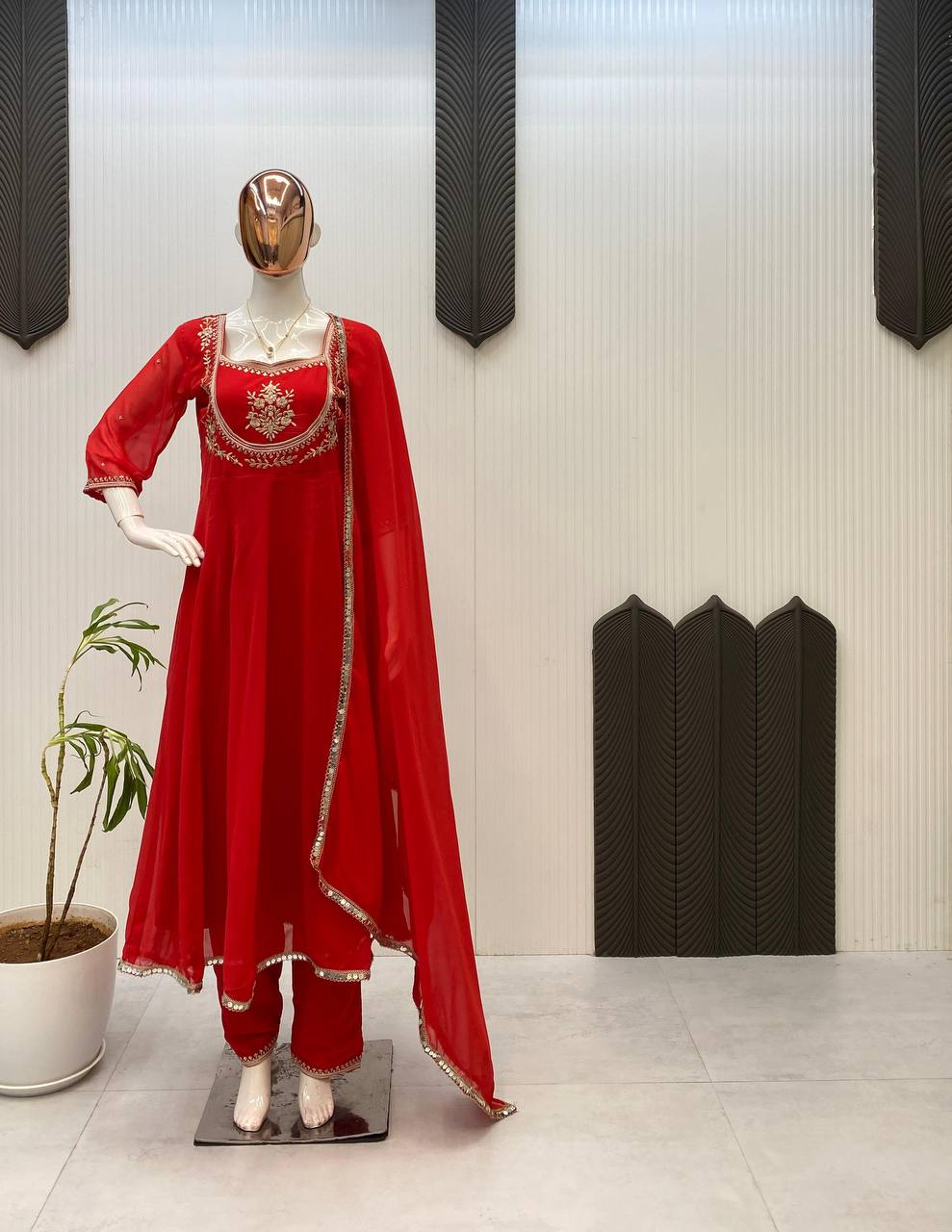 Red Gown & Pant Set with Sequence Embroidery and Lace Border Dupatta