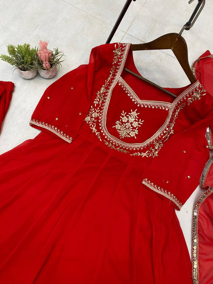 Red Gown & Pant Set with Sequence Embroidery and Lace Border Dupatta