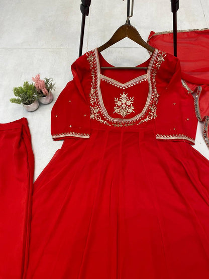 Red Gown & Pant Set with Sequence Embroidery and Lace Border Dupatta