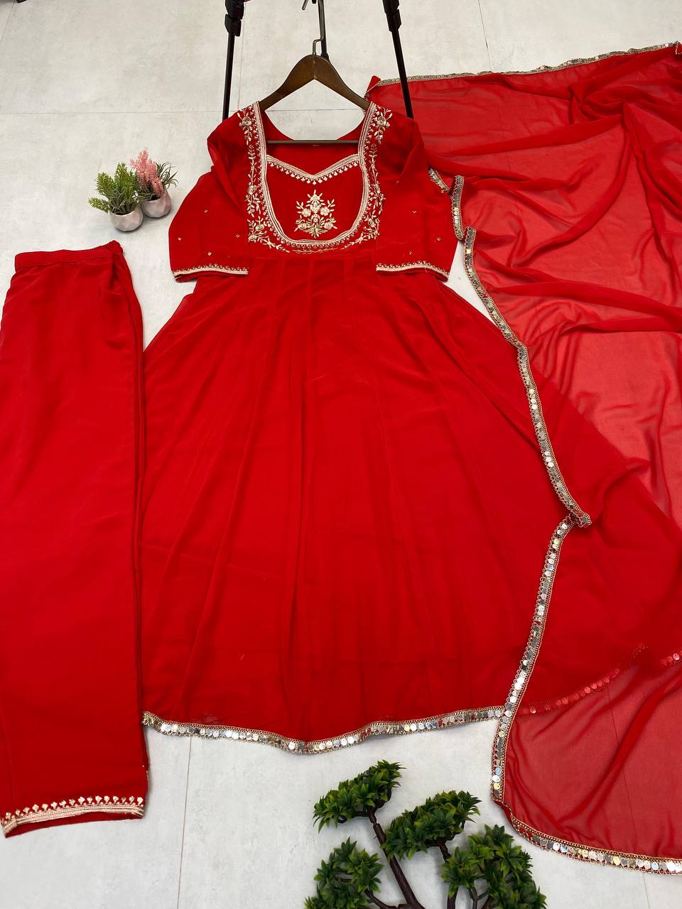 Red Gown & Pant Set with Sequence Embroidery and Lace Border Dupatta