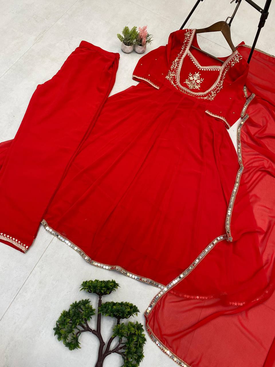 Red Gown & Pant Set with Sequence Embroidery and Lace Border Dupatta