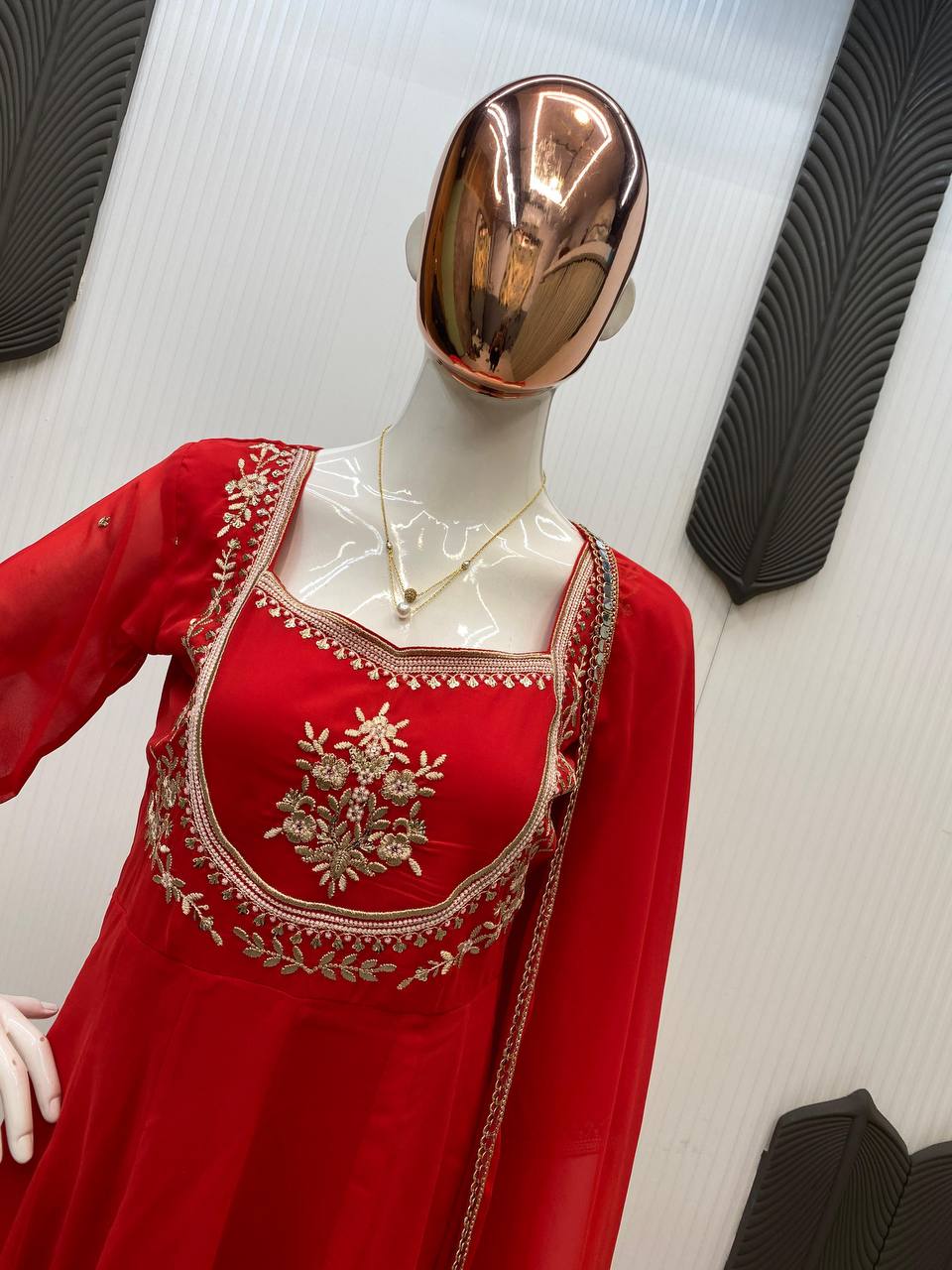 Red Gown & Pant Set with Sequence Embroidery and Lace Border Dupatta