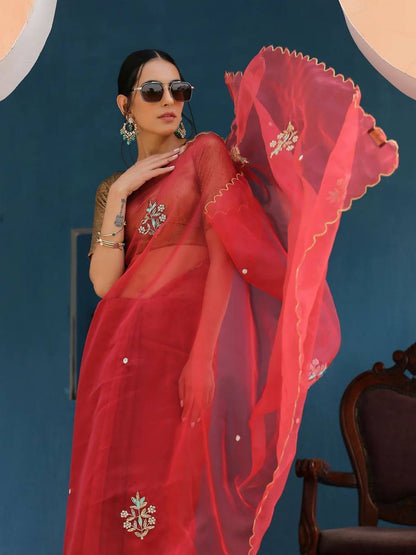 Red Handcrafted Organza Saree with Embroidery Banglori Satin Blouse