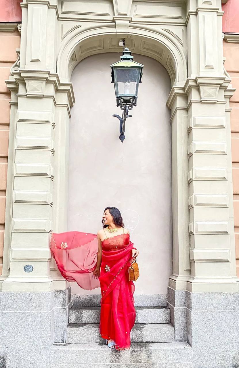 Red Handcrafted Organza Saree with Embroidery Banglori Satin Blouse