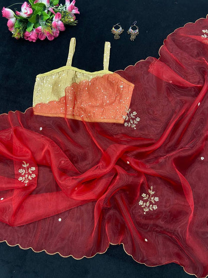 Red Handcrafted Organza Saree with Embroidery Banglori Satin Blouse