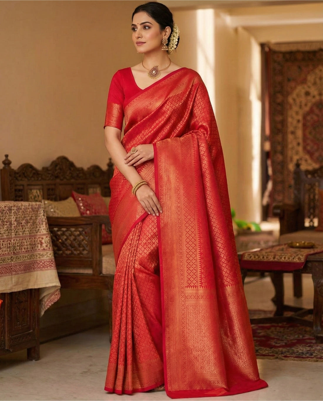 Red Kanchipuram Jari Weaving Silk Saree with Designer Blouse
