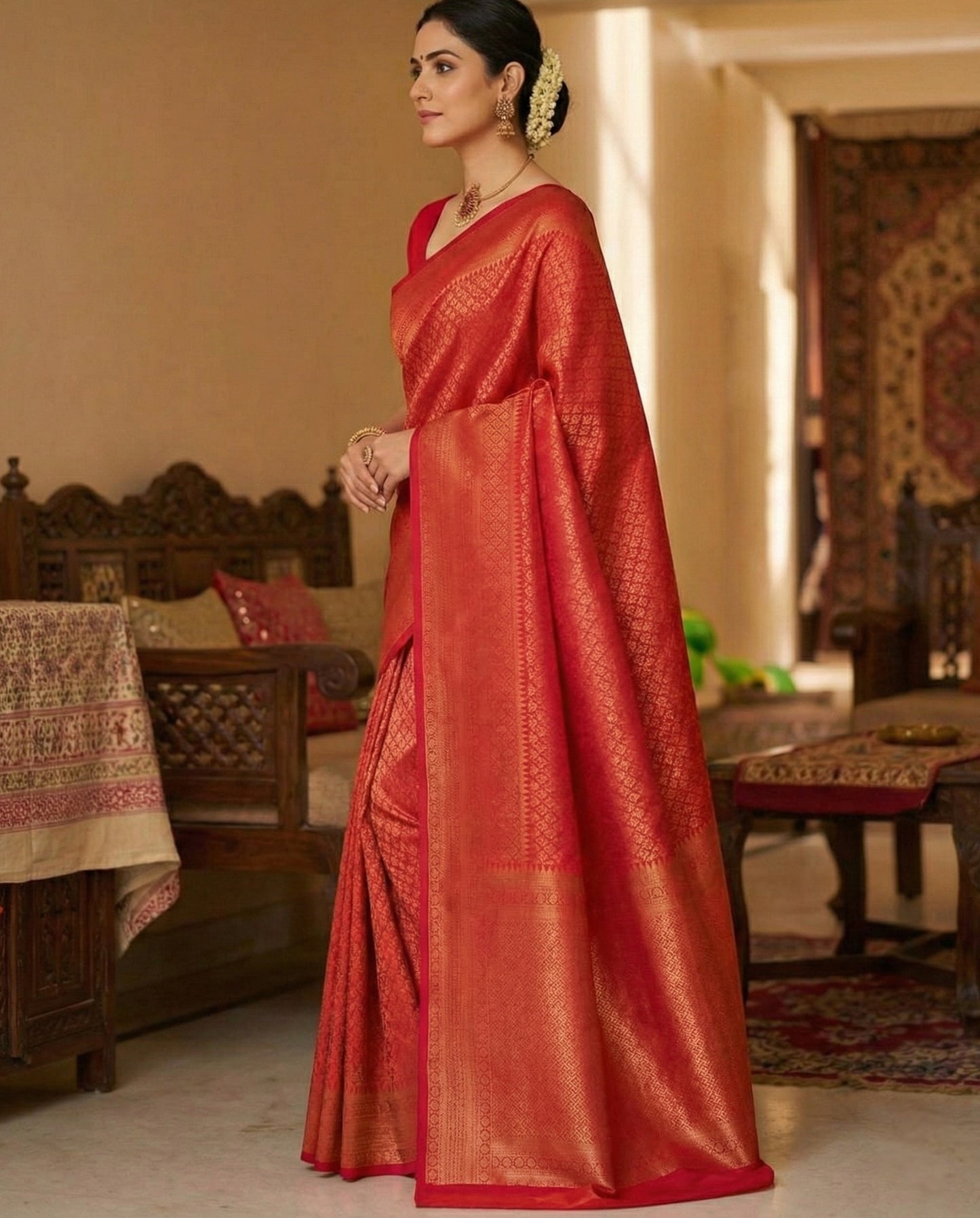 Red Kanchipuram Jari Weaving Silk Saree with Designer Blouse