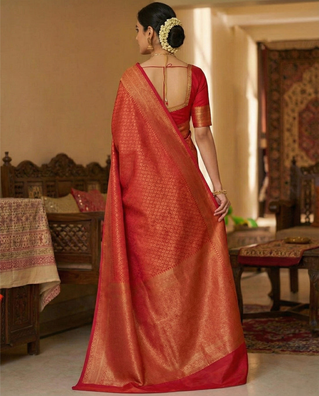 Red Kanchipuram Jari Weaving Silk Saree with Designer Blouse