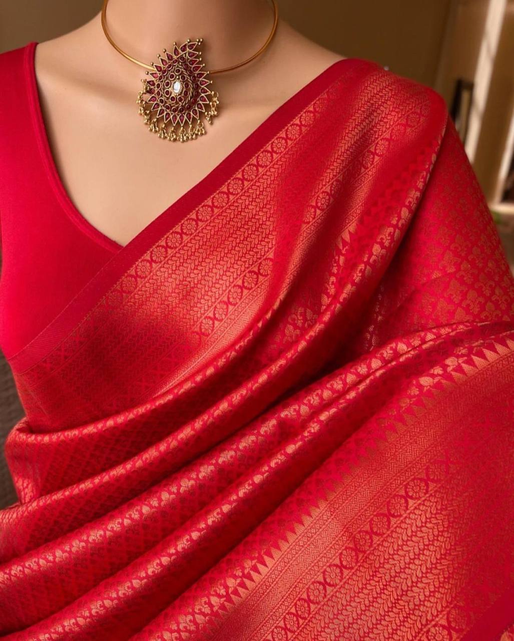 Red Kanchipuram Jari Weaving Silk Saree with Designer Blouse