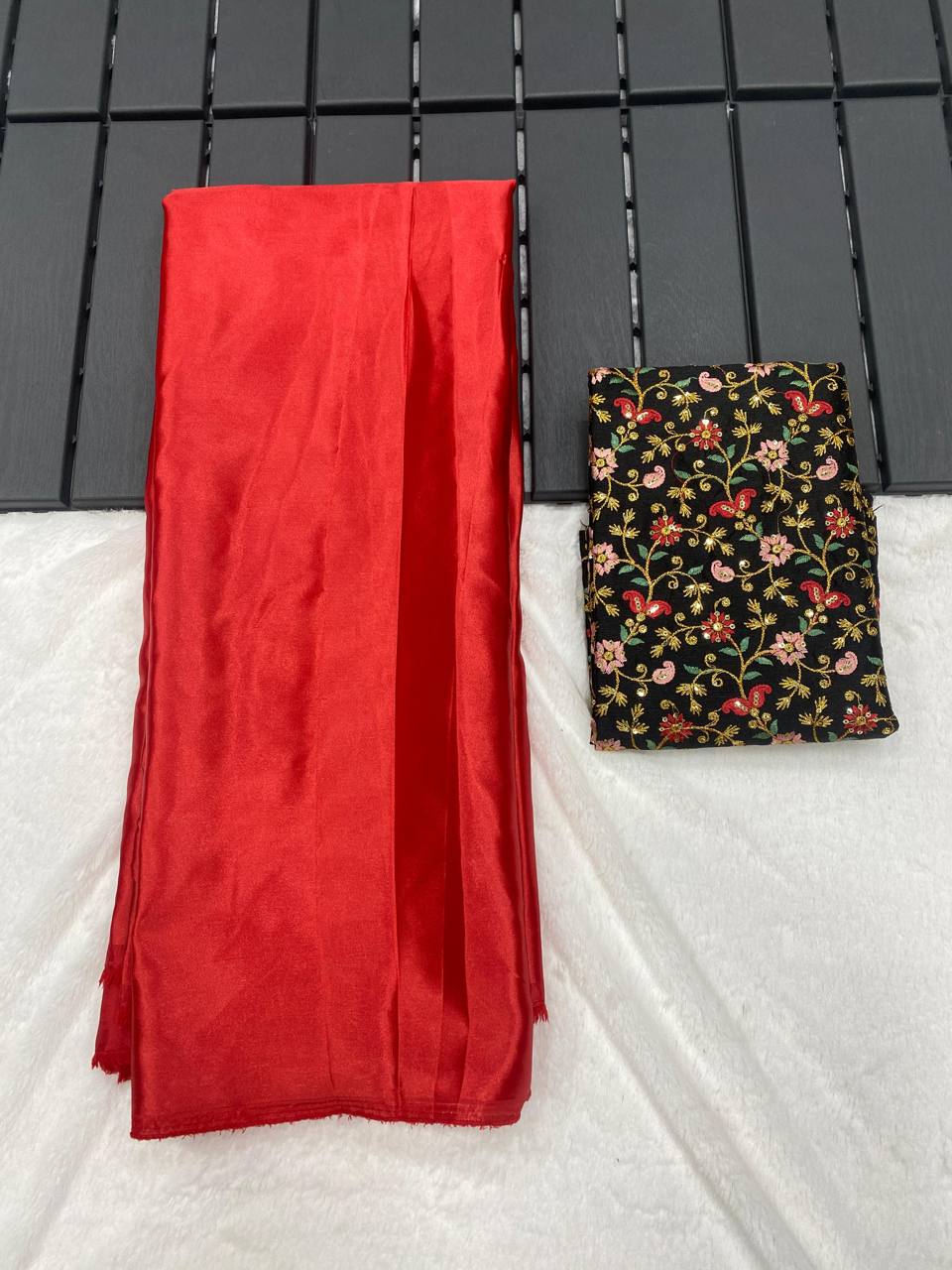 Red Luxury Smooth Satin Saree with Designer Embroidery Blouse