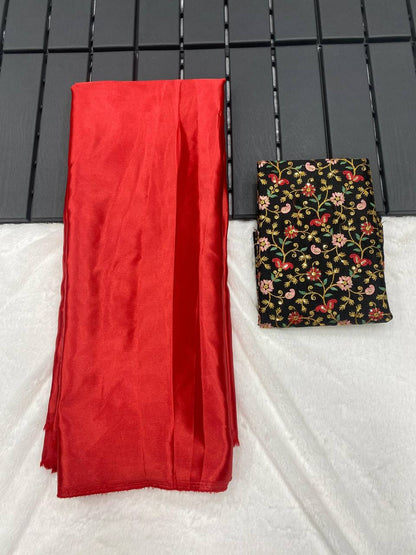 Red Luxury Smooth Satin Saree with Designer Embroidery Blouse