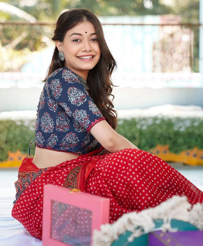 Red Floral Mulmul Cotton Digital Print Saree with Dark Blue Mulmul Blouse