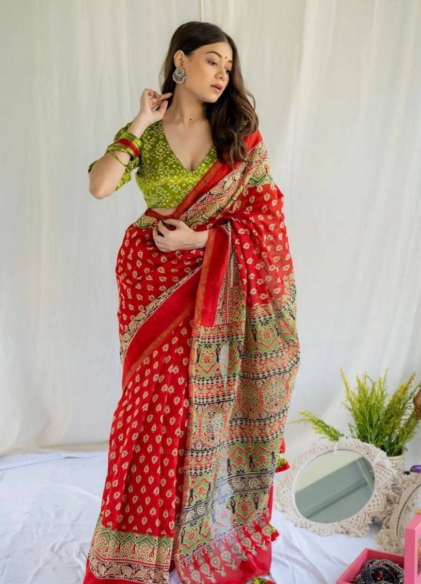 Red Mulmul Cotton Digital Print Saree with Green Mulmul Blouse