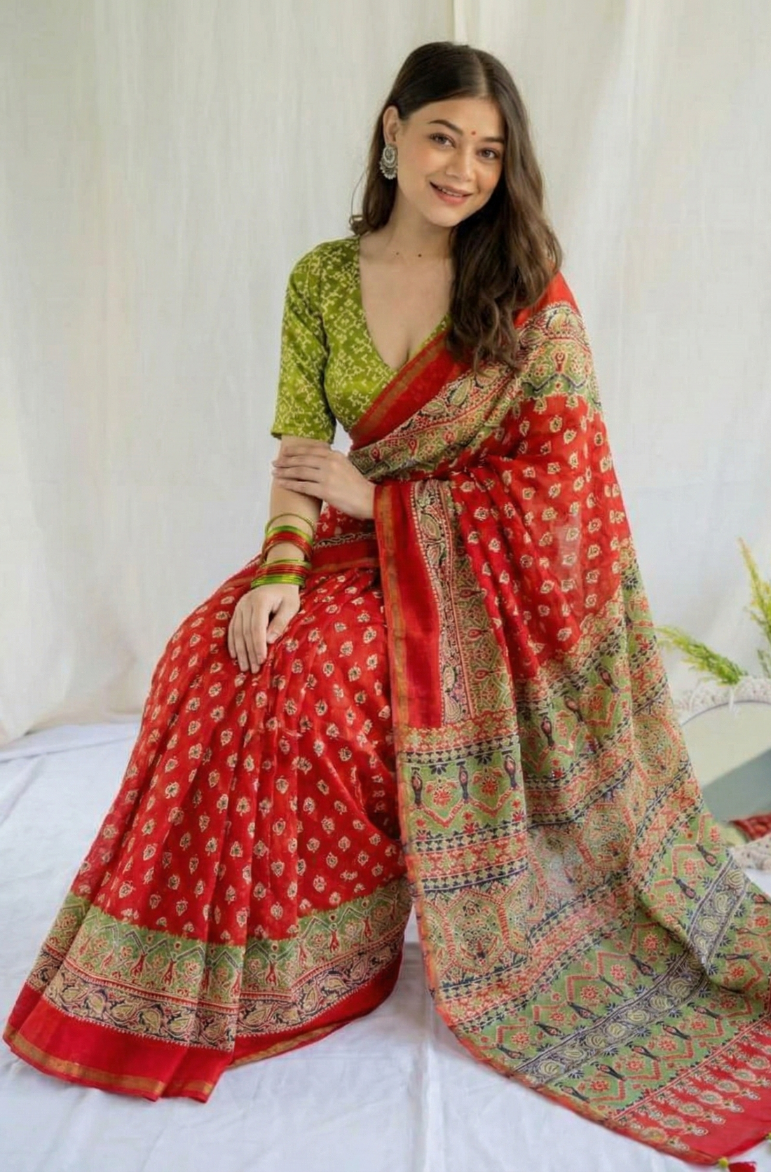 Red Mulmul Cotton Digital Print Saree with Green Mulmul Blouse