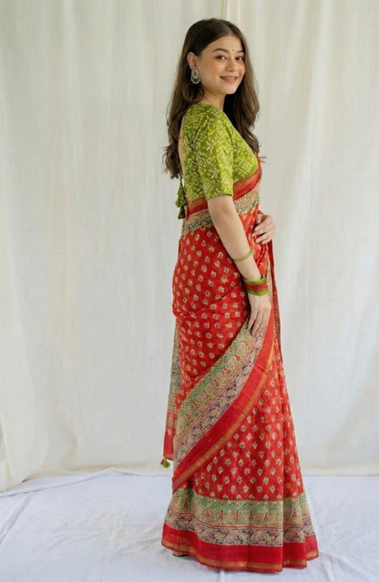 Red Mulmul Cotton Digital Print Saree with Green Mulmul Blouse