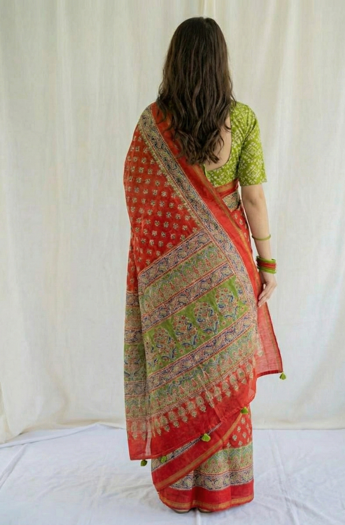 Red Mulmul Cotton Digital Print Saree with Green Mulmul Blouse