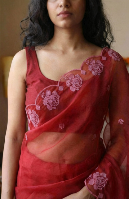Red Pure Organza Saree with Sequins Embroidery Border Buti Work Blouse
