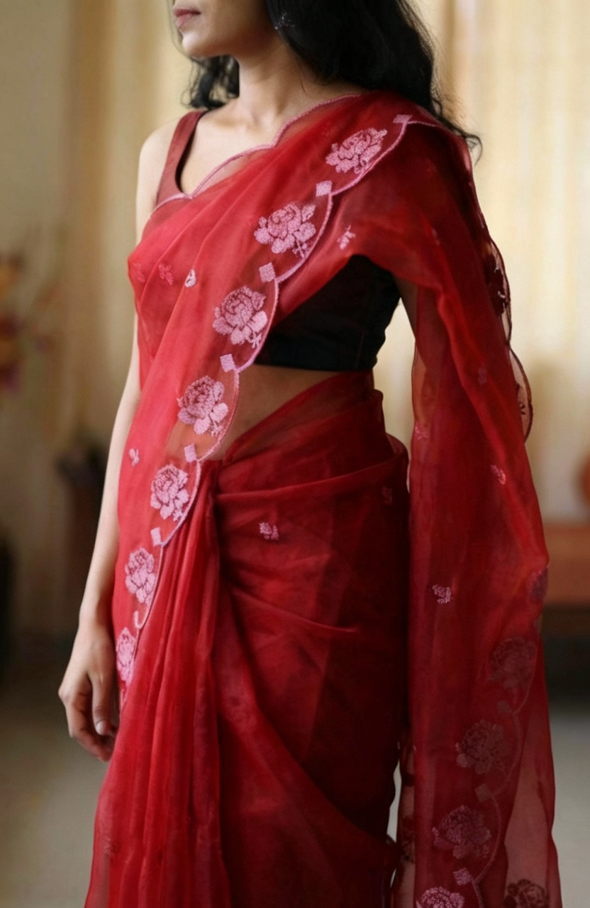 Red Pure Organza Saree with Sequins Embroidery Border Buti Work Blouse