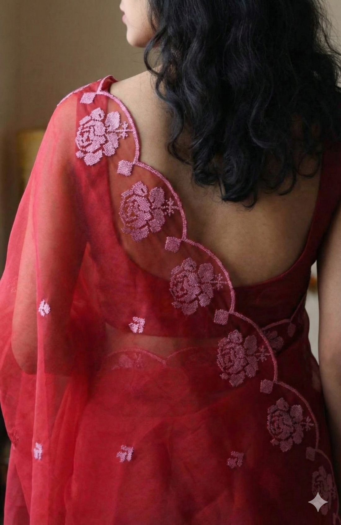 Red Pure Organza Saree with Sequins Embroidery Border Buti Work Blouse