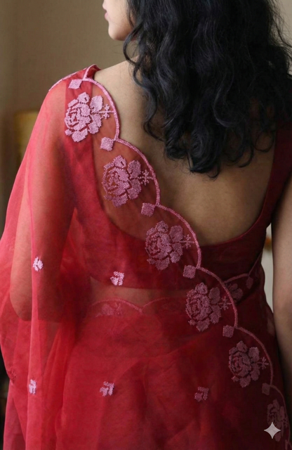 Red Pure Organza Saree with Sequins Embroidery Border Buti Work Blouse