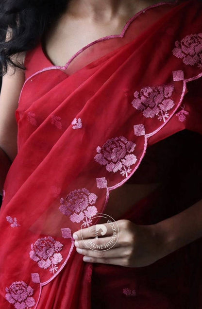 Red Pure Organza Saree with Sequins Embroidery Border Buti Work Blouse