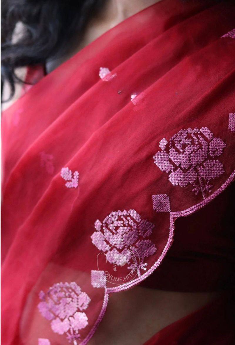 Red Pure Organza Saree with Sequins Embroidery Border Buti Work Blouse