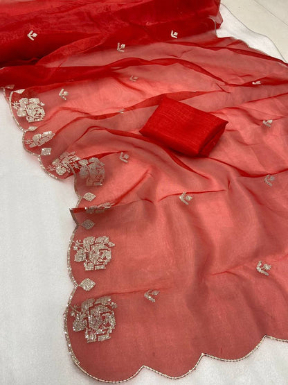 Red Pure Organza Saree with Sequins Embroidery Border Buti Work Blouse