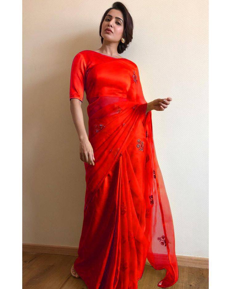 Red Pure Organza Sequins Embroidery Saree with Banglori Blouse